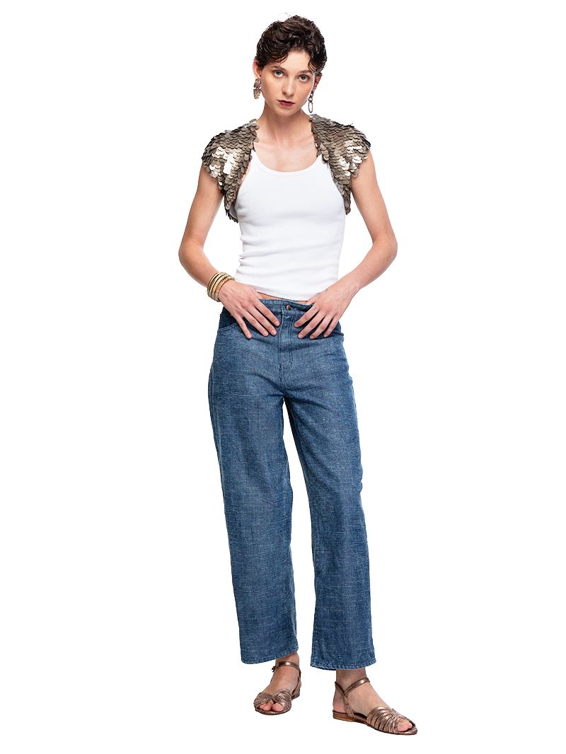 Armour sequin vest styled with white rib tank, Baggy Daddy jeans and Margot flats, front view - worn by model