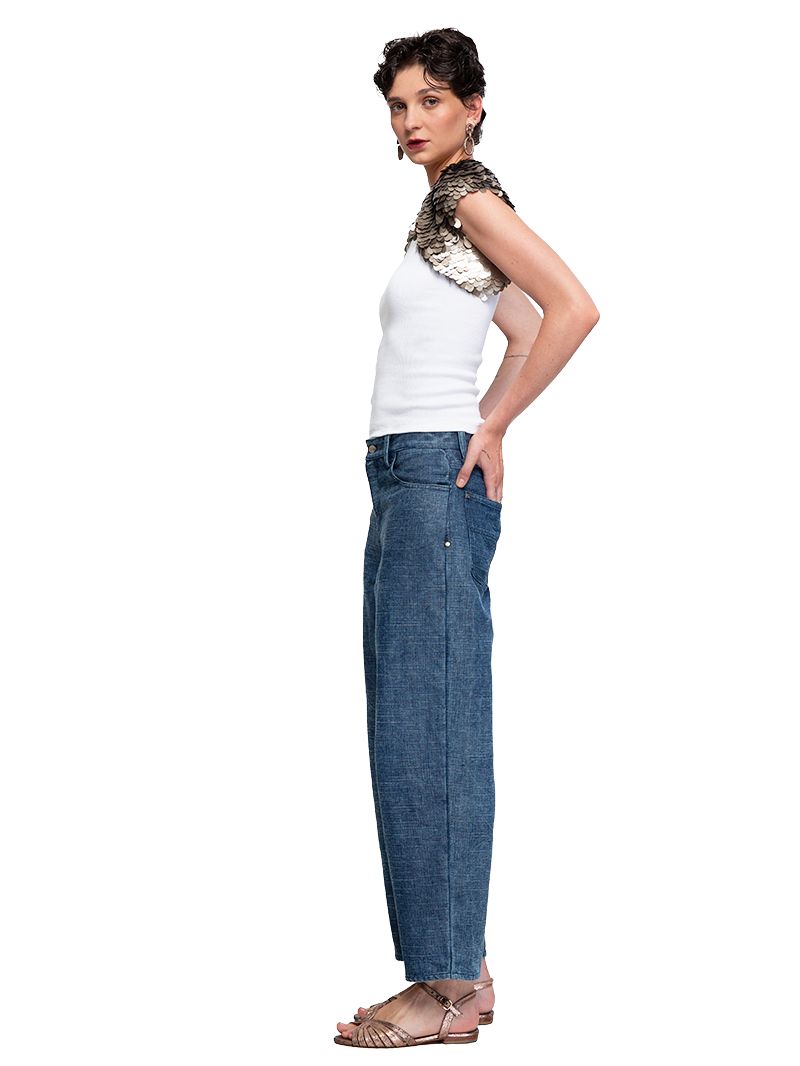 Armour sequin vest in taupe styled with white rib tank and Baggy Daddy jeans and Margot flats, side view - worn by model