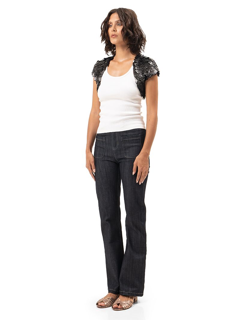 Armour sequin vest in black styled with rib tank and Janis jeans, side view - worn by model