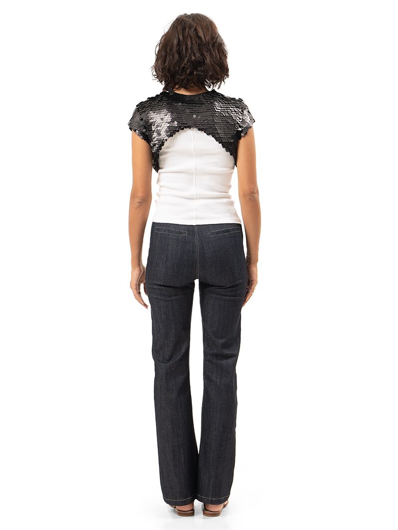Armour sequin vest in black styled with rib tank and Janis jeans, back view - worn by model
