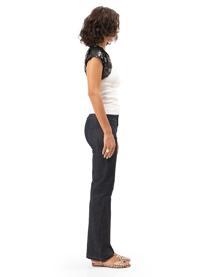 Armour sequin vest in black styled with rib tank and Janis jeans, side view - worn by model