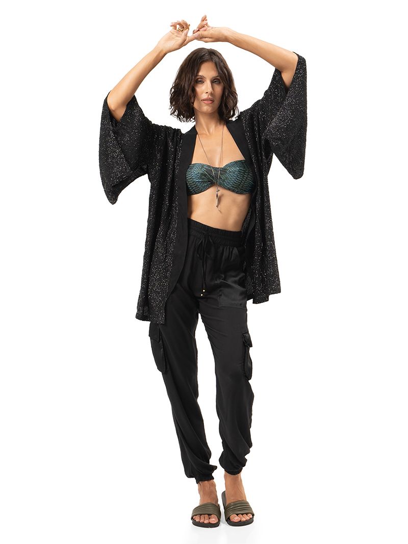 Geisha black hand-beaded outer kimono styled with Apollo snake green bikini, black Cargo pants, and Flavia slides, front view - worn by model