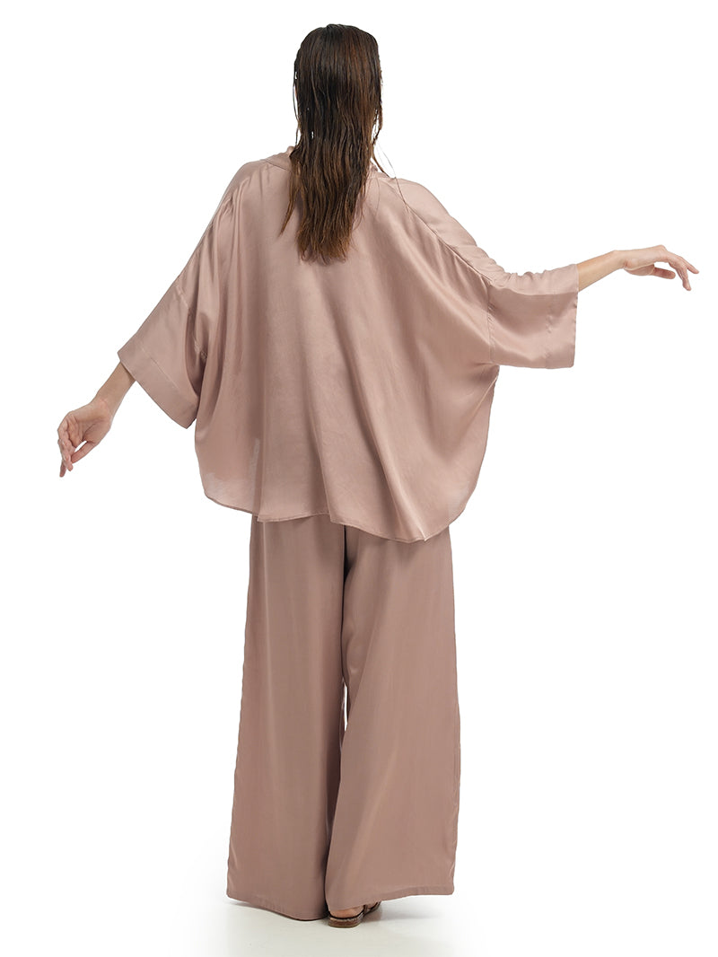 Isyana Kimono in Wood Rose color styled with Melody Top in Wood Rose, and Lisa Pants in Wood Rose, back view - worn by model