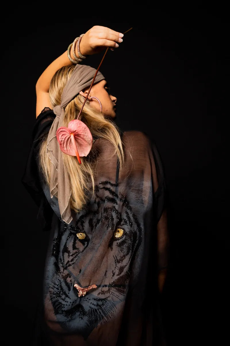 Adri Tiger kimono in black, back close view - worn by model