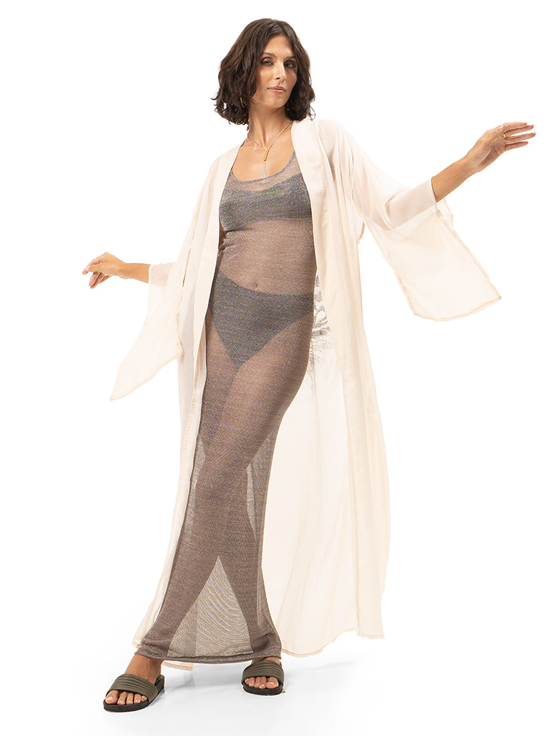Adri Tiger kimono in blush color styled with High black bikini set, Besi dress and Flaviana slides, front view - worn by model