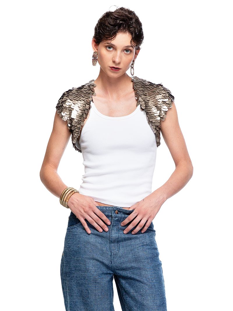 Armour sequin vest in taupe styled with white rib tank and Baggy Daddy jeans, front close view - worn by model