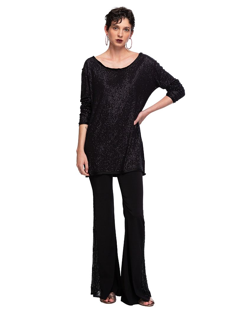 Hendrix bell bottom pants styled with Nyx beaded mini dress and Margot flats, front view - worn by model