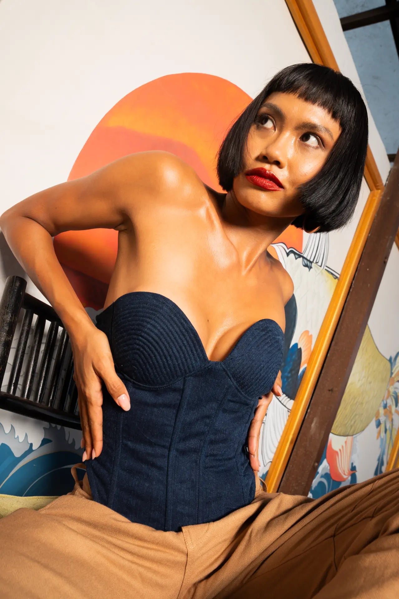 Joplin bustier in blue denim styled with Freedom in Camel color, front close view - worn by model