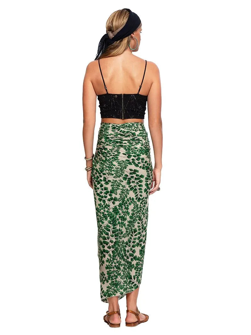 Hendrix beaded crop top styled with Fern sarong and Margot flats, back view - worn by model