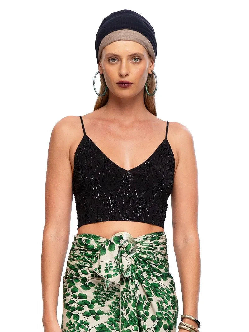 Hendrix beaded crop top styled with Fern sarong and Margot flats, front close view - worn by model