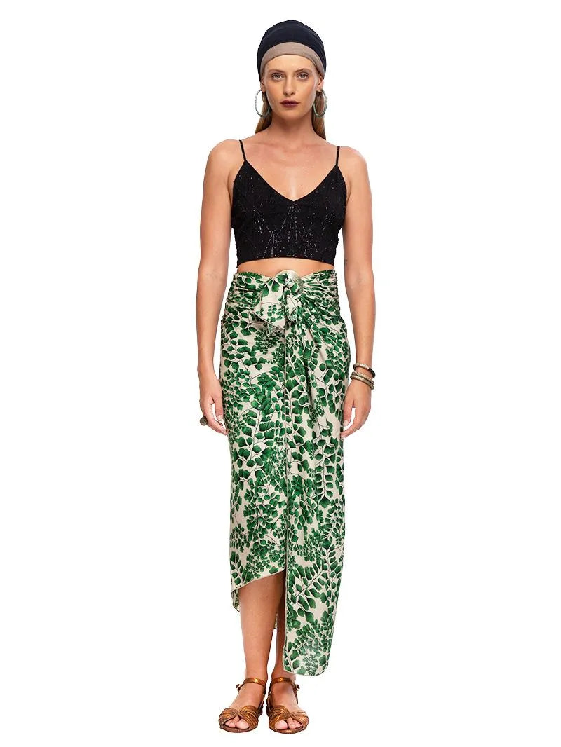 Hendrix beaded crop top styled with Fern sarong and Margot flats, front view - worn by model