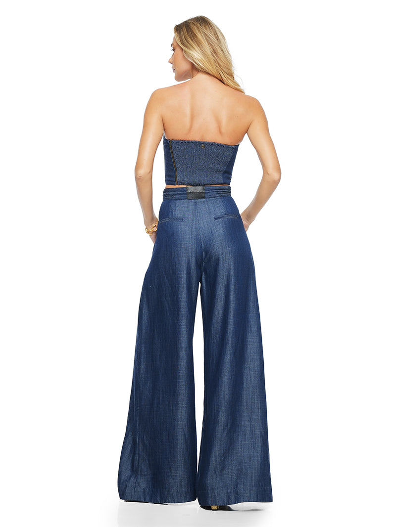 Hera Pants styled with Diana Bustier and Margot heels, back view - worn by model