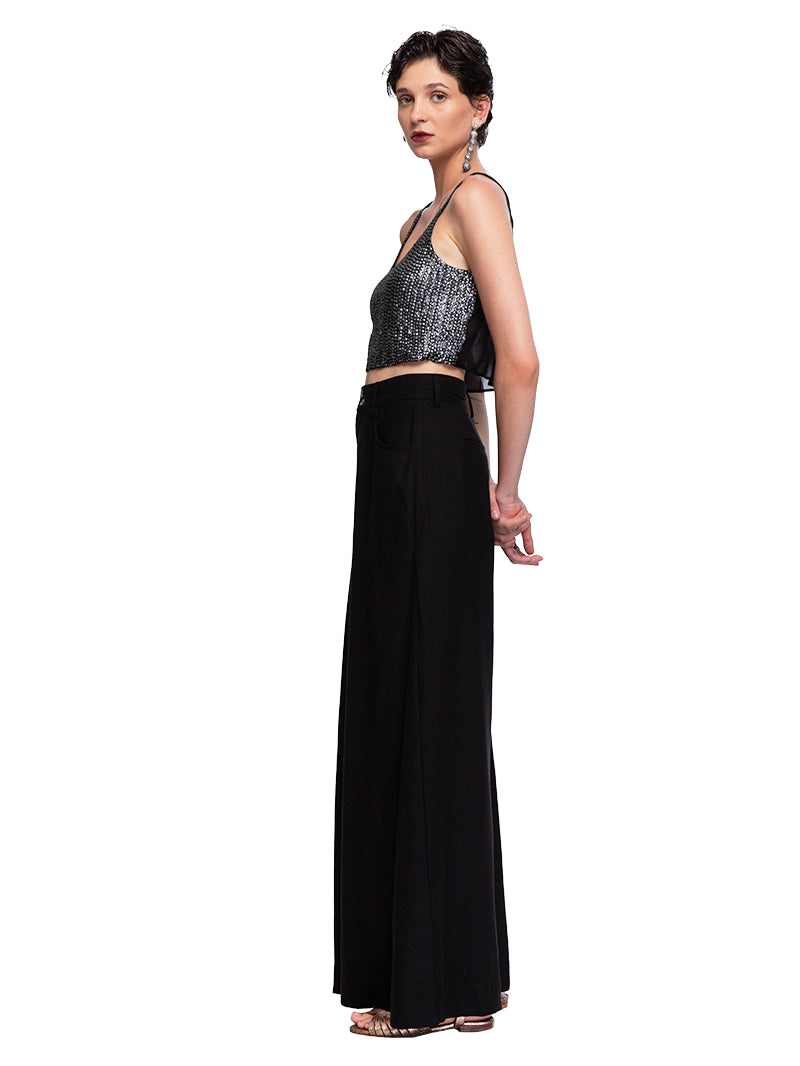 Hornet Beaded Top Black styled with Rue pants and Margot heels, side view - worn by model