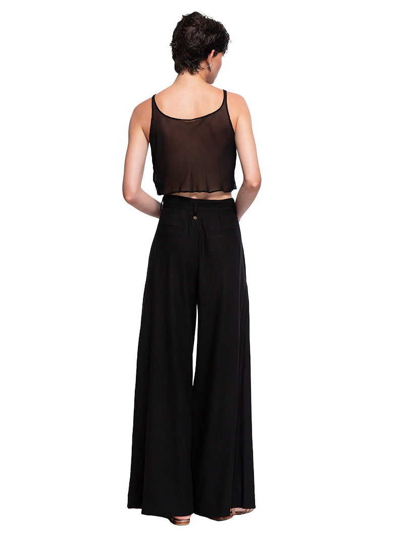 Hornet Beaded Top Black styled with Rue pants and Margot heels, back view - worn by model