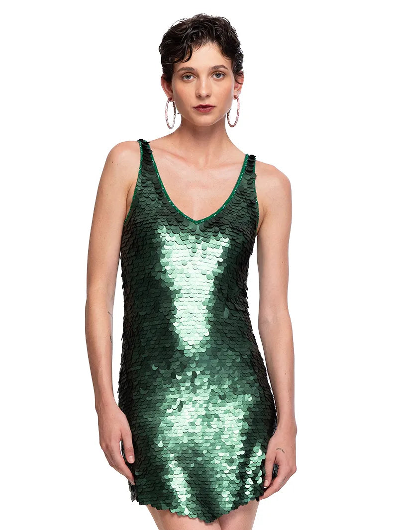 Prague sequin mini dress in botanic green, front close view - worn by model