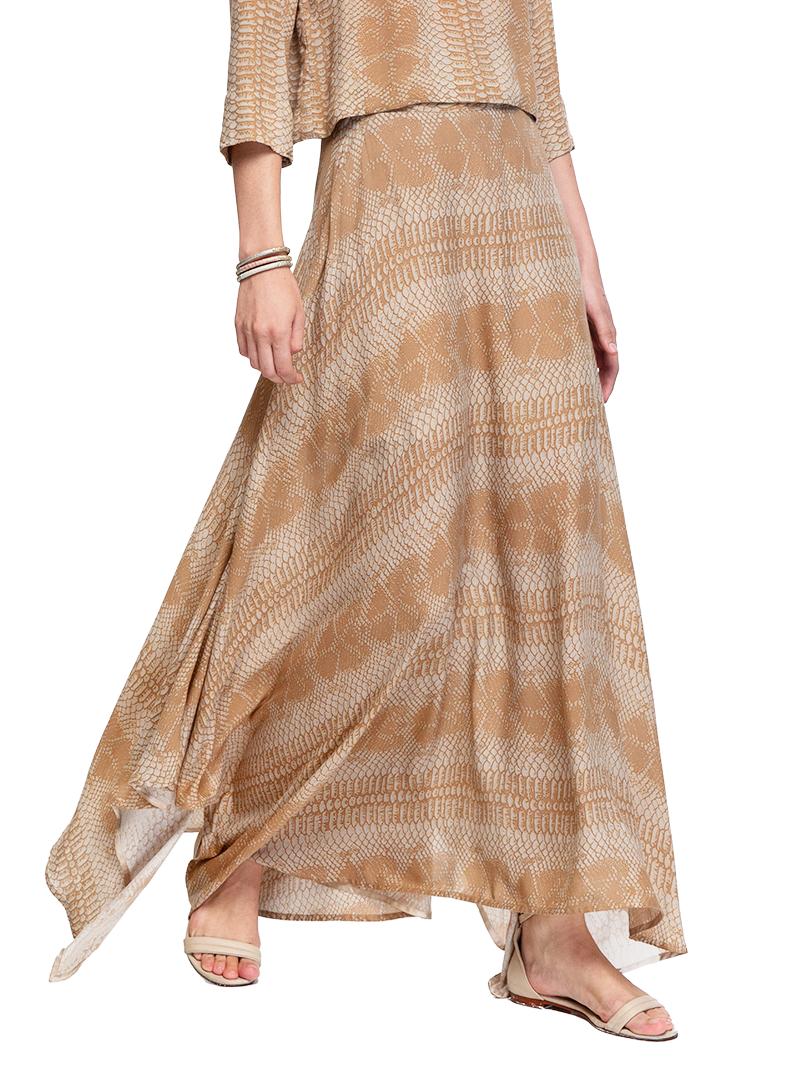 Oshun maxi skirt in taupe snake print, front view - worn by model