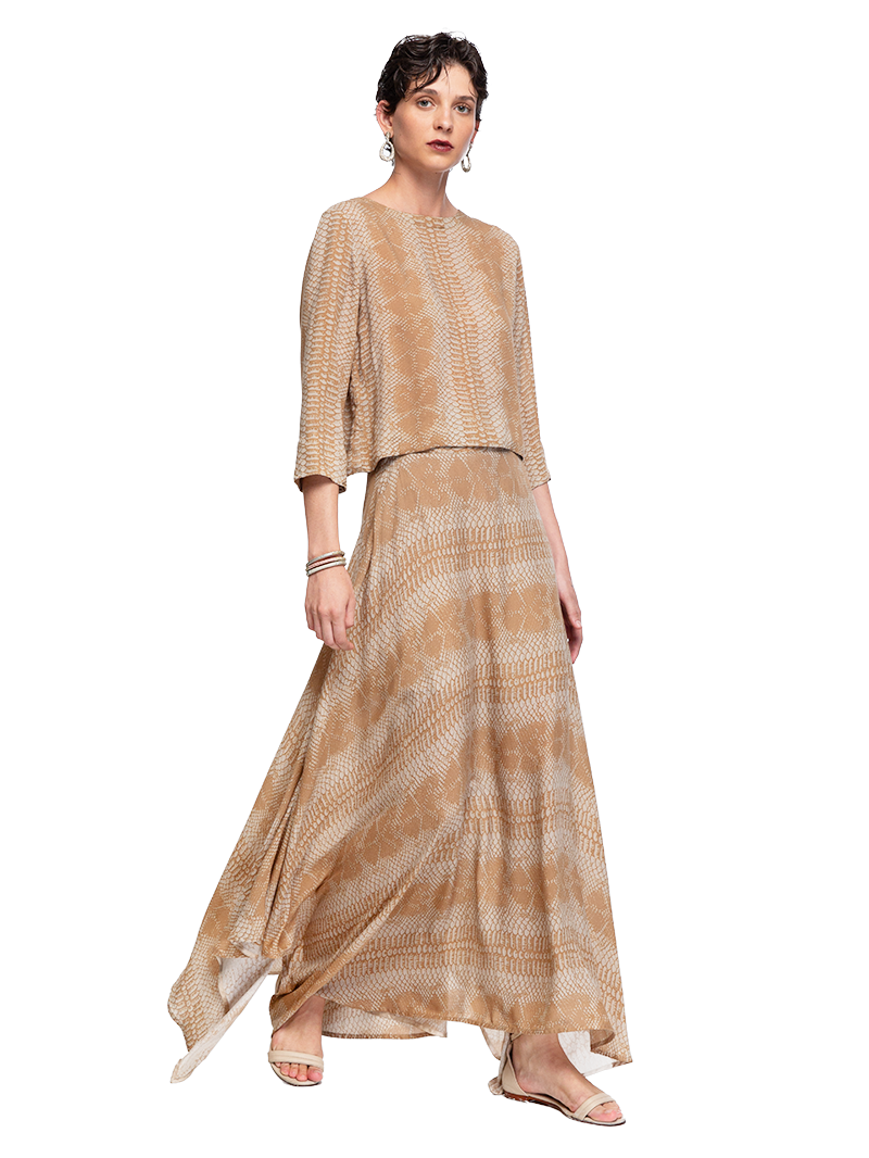 Oya top in taupe snake print, styled with Oshun maxi skirt, quarter front view - worn by model