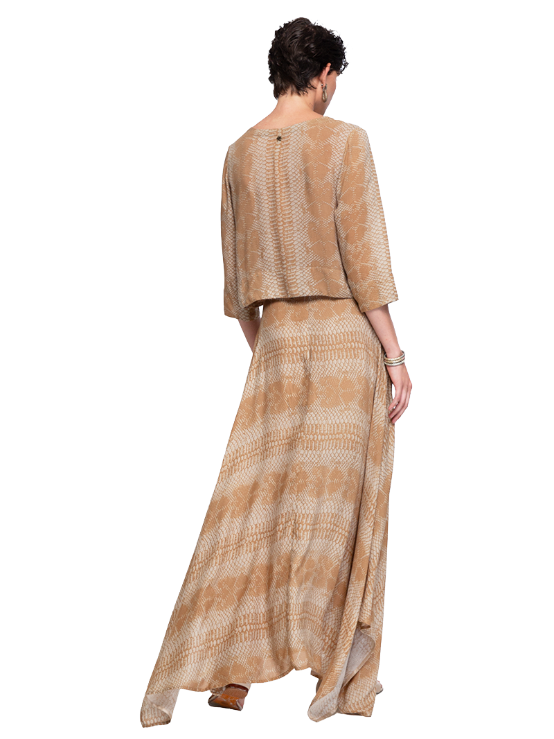Oya top in taupe snake print, styled with Oshun maxi skirt, back view - worn by model