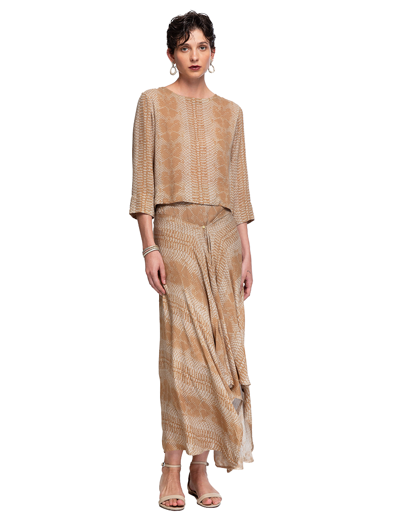 Oya top in taupe snake print, styled with Oshun maxi skirt, front view - worn by model