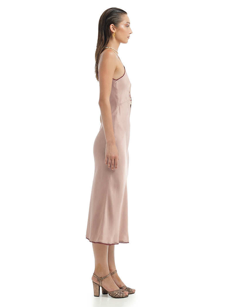 Melody Slip Dress in Wood Rose, styled with Margot Heels, side view - worn by model