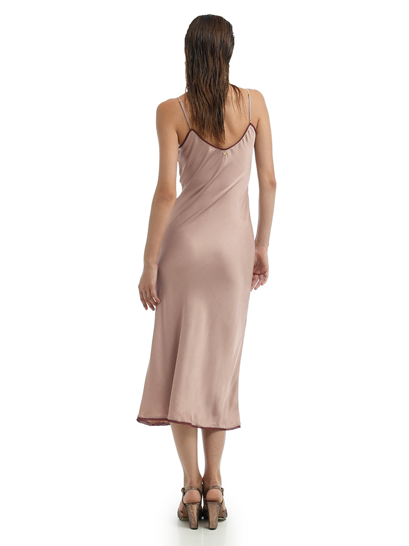 Melody Slip Dress in Wood Rose, styled with Margot Heels, back view - worn by model