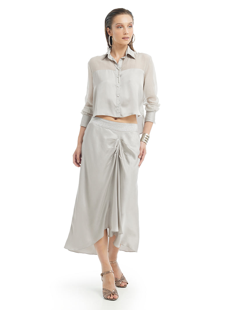 Alya Midi Skirt in light grey, styled with Josie top and Margot Heels, front view - worn by model