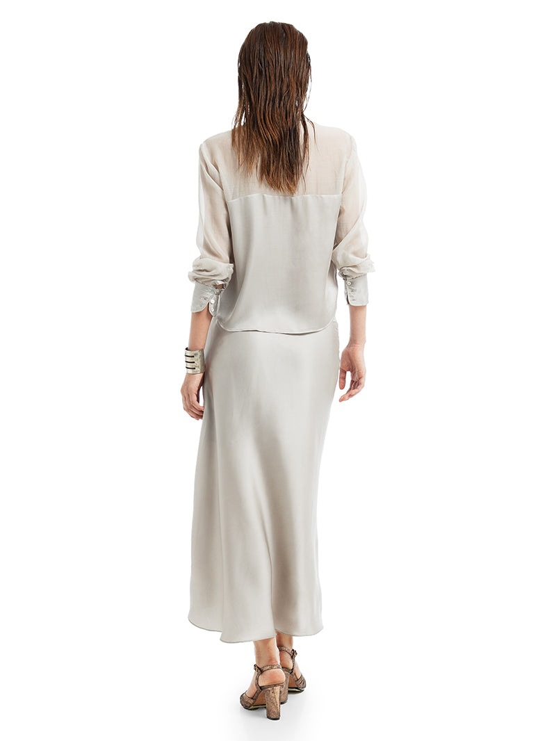 Alya Midi Skirt in light grey, styled with Josie top and Margot Heels, back view - worn by model