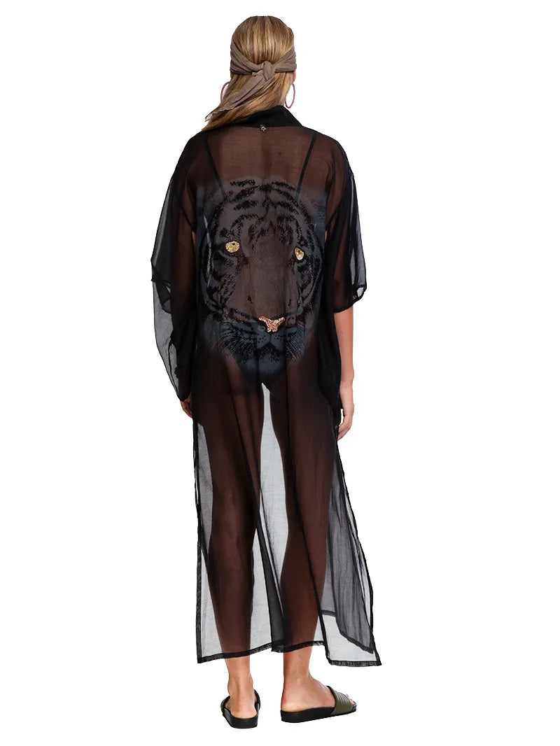 Adri Tiger kimono in black styled with Dega bikini and Flavia slides, back view - worn by model