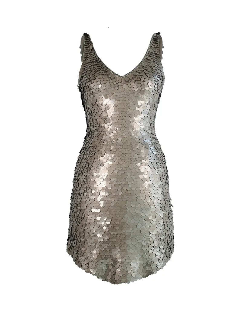Prague sequin mini dress in taupe - ghost front view