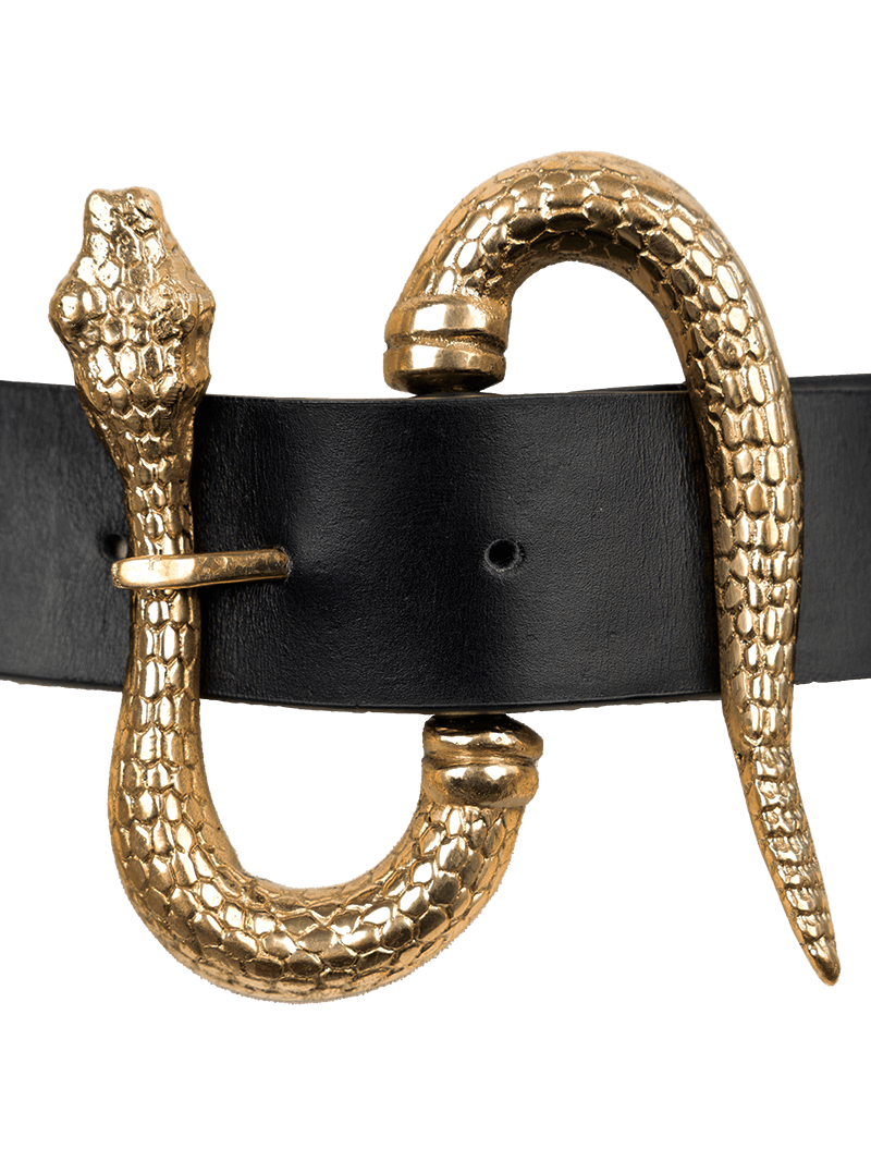 Snake leather belt in black - ghost front close up view