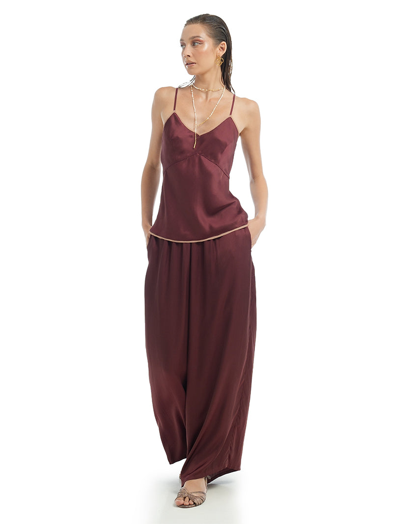 Lisa Pants in Wine styled with Melody Top in Wine, front view - worn by model
