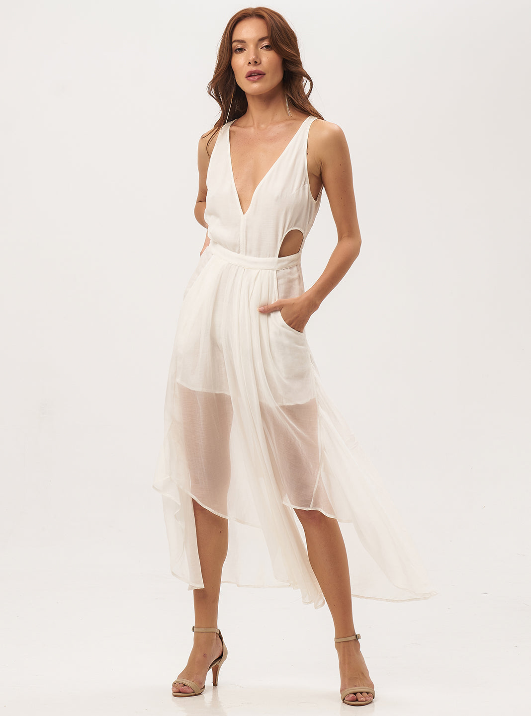 Annabelle midi dress in natural color, front view - worn by model