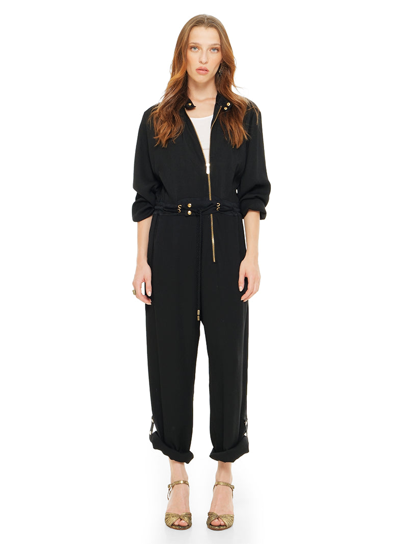 Berlin black jumpsuit styled with white t-shirt and Margot heels, front view - worn by model