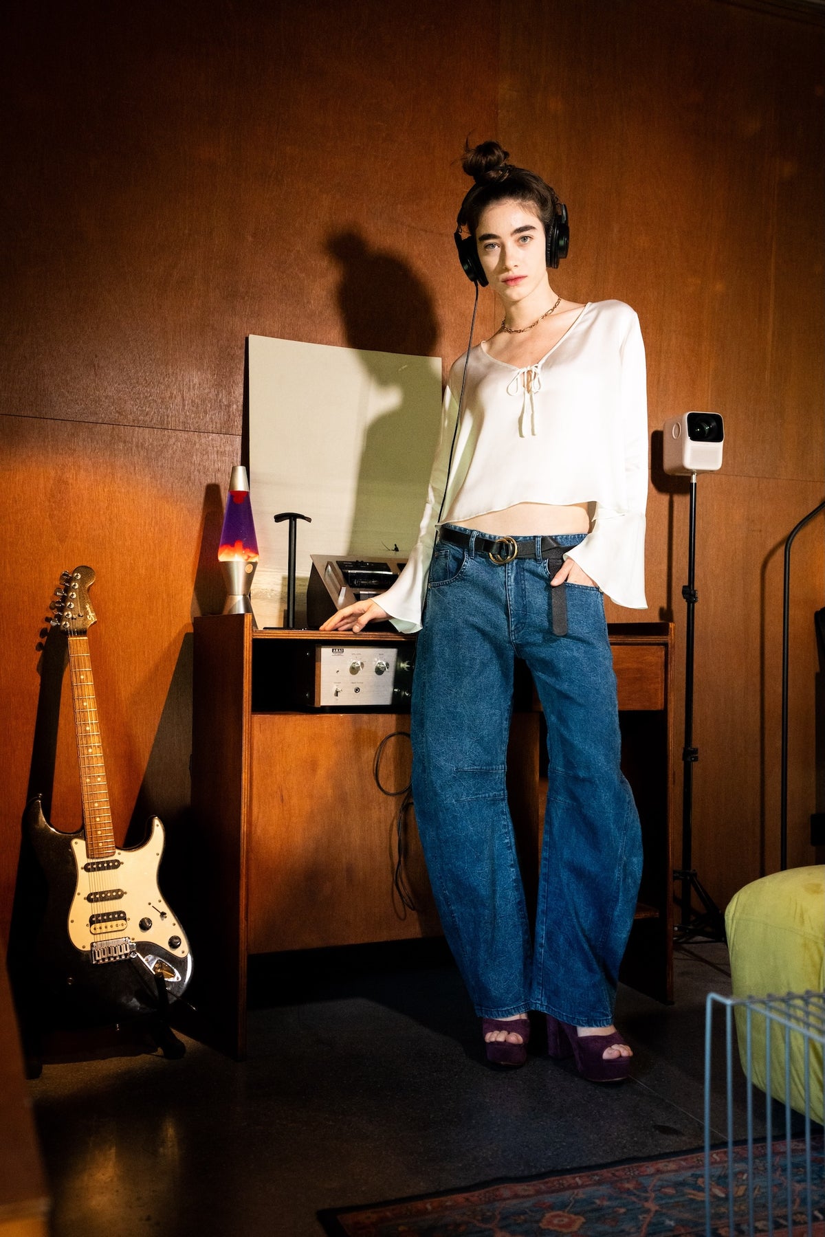 Catch jeans pants styled with Rama top and Betty heels, front view - worn by model