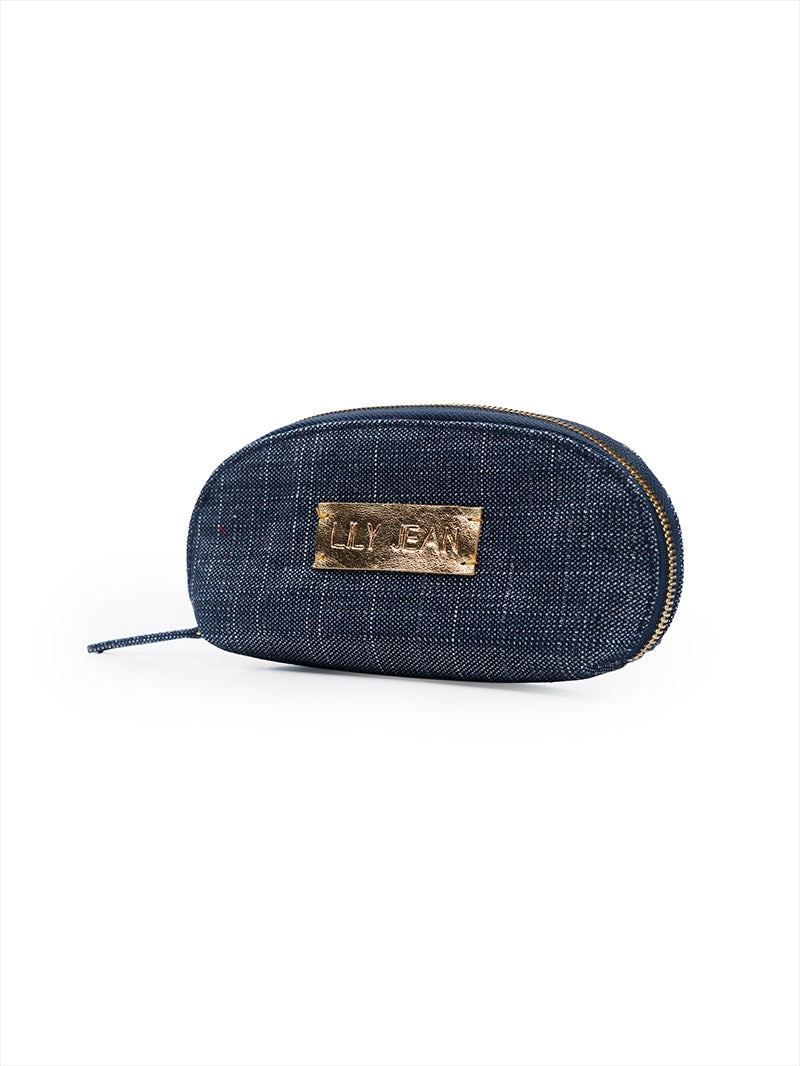 Denim pouch in dark blue for sunglasses - quarter front view