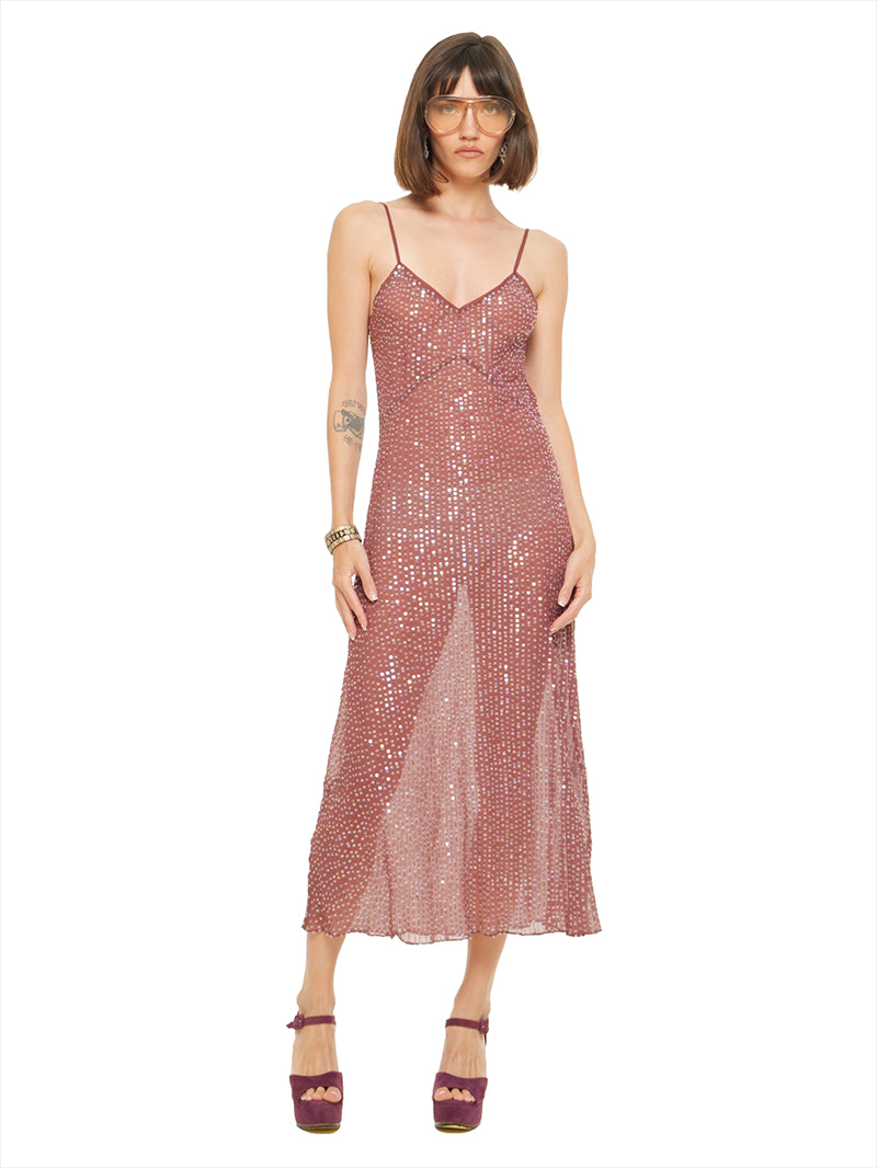 Dily sequin midi dress in wine styled with Betty heels, front view - worn by model