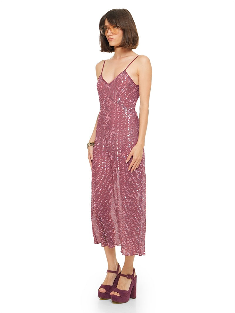 Dily sequin midi dress in wine styled with Betty heels, quarter front view - worn by model