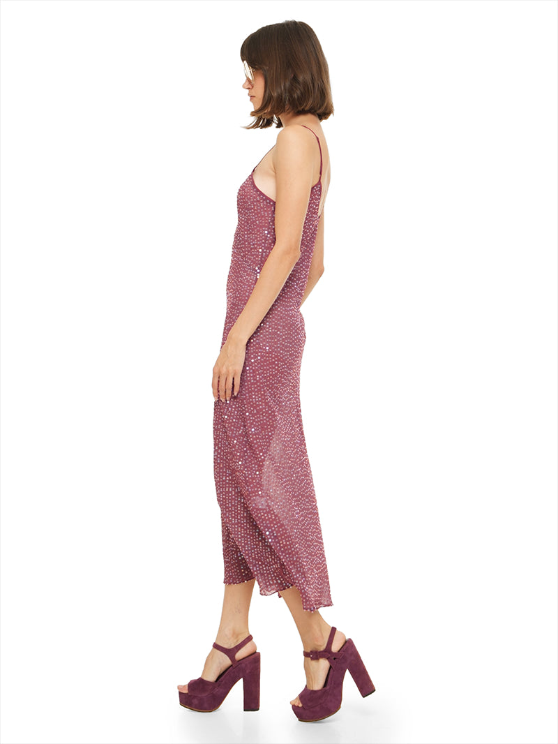 Dily sequin midi dress in wine styled with Betty heels, side view - worn by model