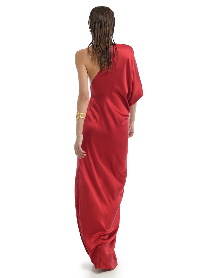Ganesha maxi dress in red, back view - worn by model