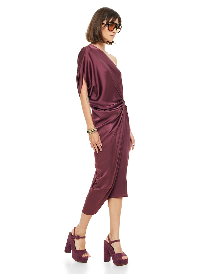 Ganesha midi dress in wine color styled with Betty heels, quarter front view - worn by model