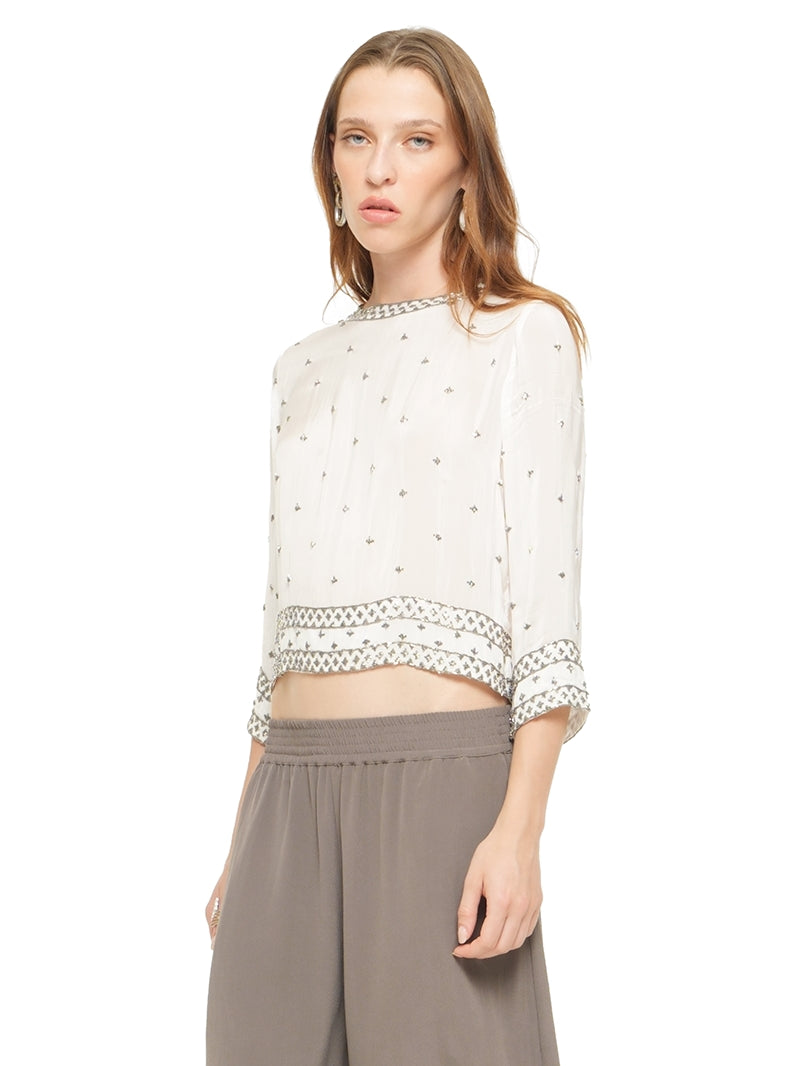 Giselle beaded top in natural color, front close view - worn by model