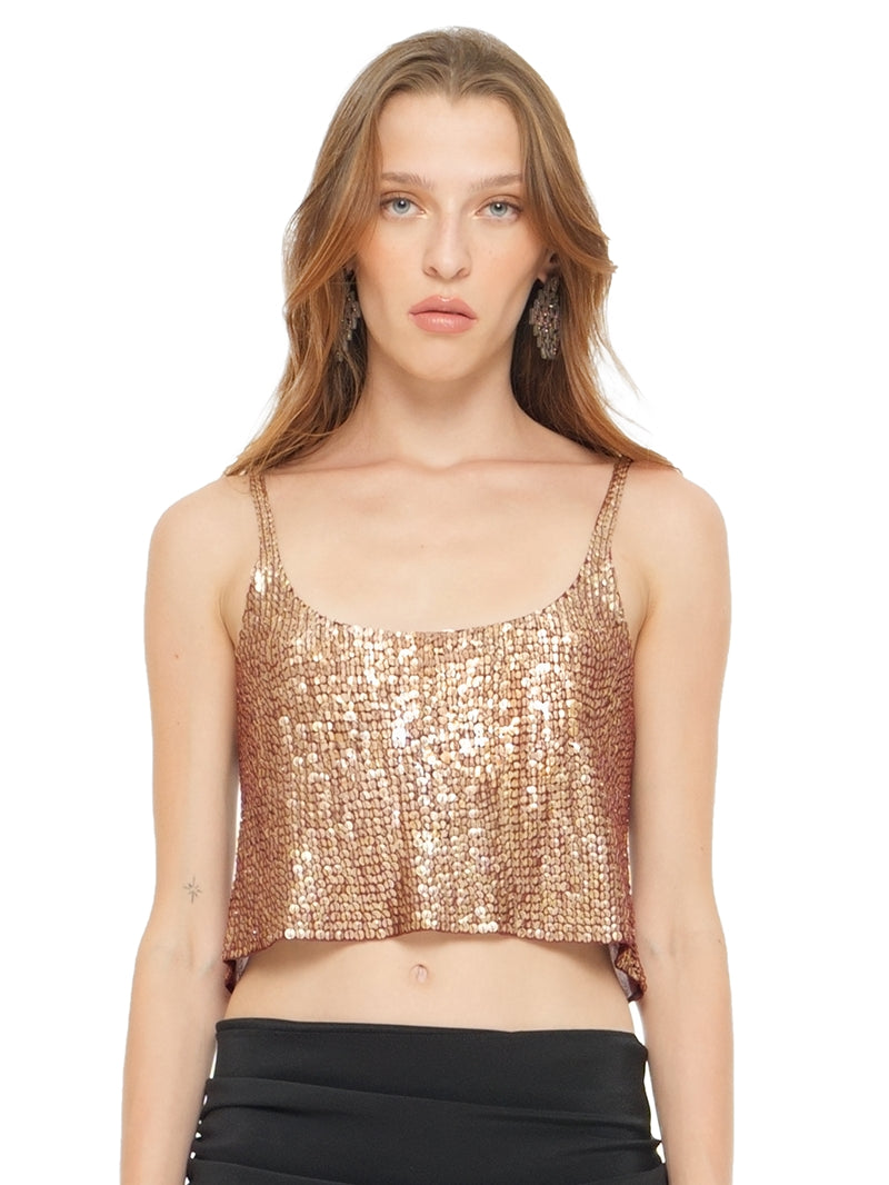 Hora beaded top in wine, front view - worn by model