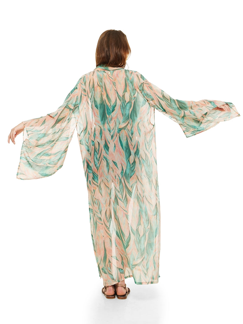 Kyoto maxi kimono featuring a botanical print in aqua, blush pink and ivory, back view - worn by model