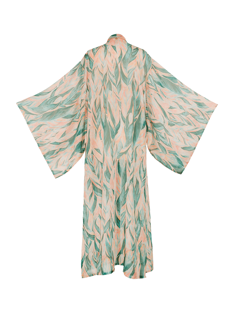 Kyoto silk maxi kimono in botanical blush print - ghost back view