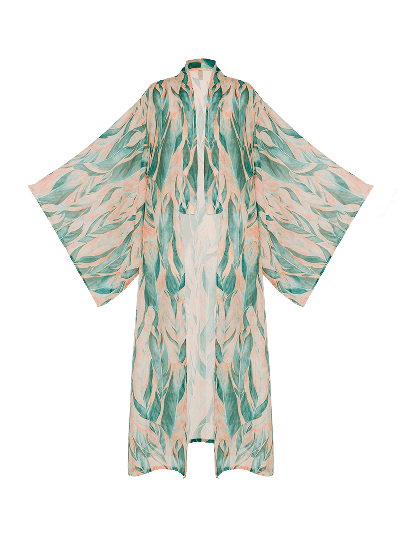 Kyoto silk maxi kimono in botanical blush print - ghost front view