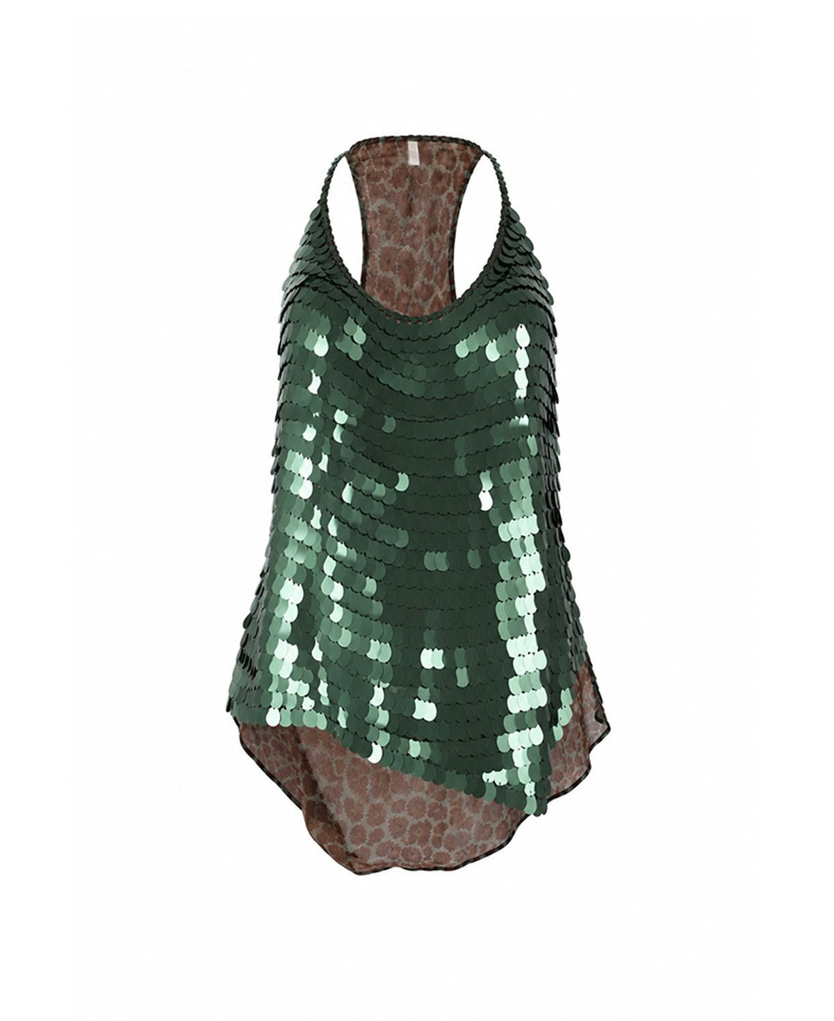 Leona dark green sequined halter top with brown animal prints on the back - ghost front view