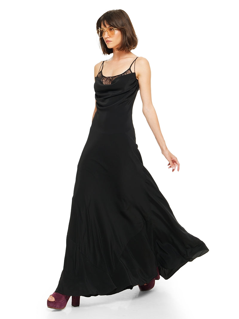 Maz silk crepe maxi dress in black, styled wtih Betty heels, quarter front view - worn by model