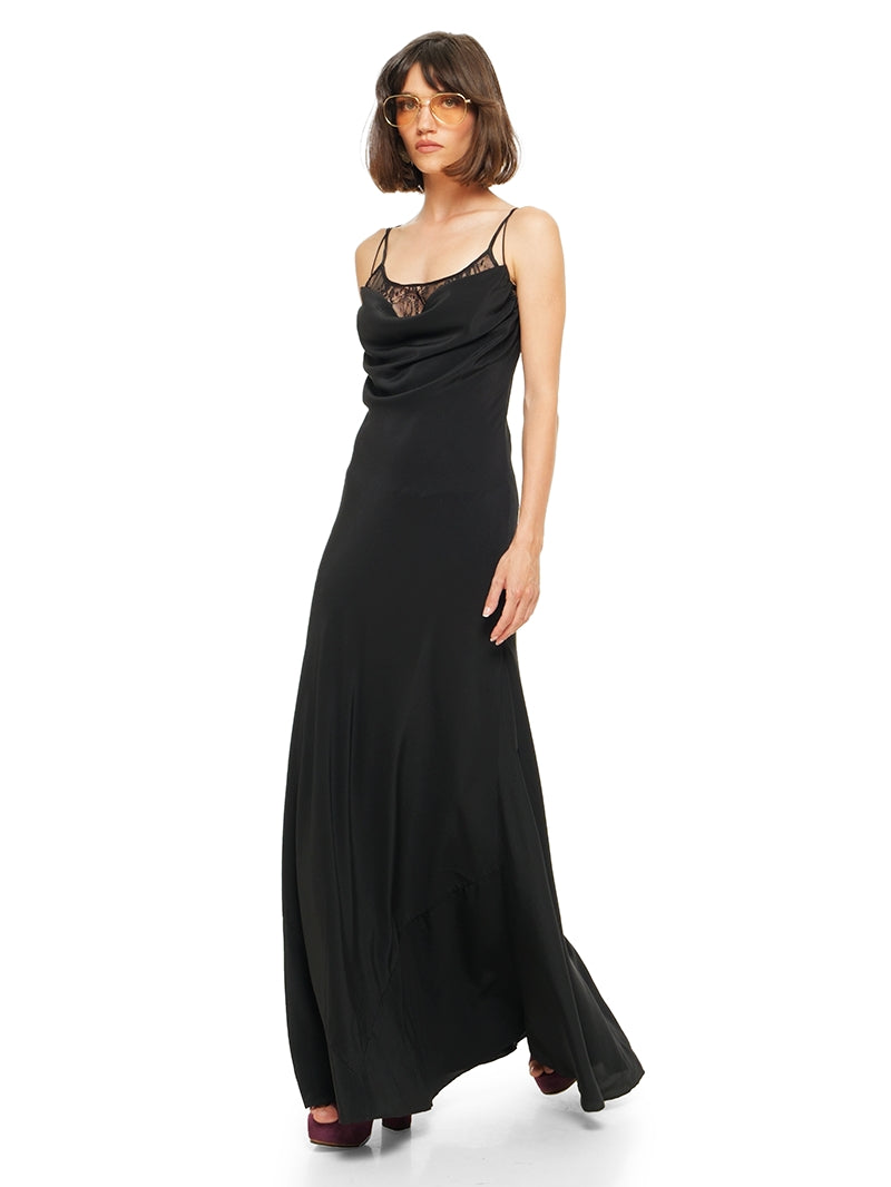 Maz silk crepe maxi dress in black, styled wtih Lounge bra and Betty heels, quarter front view - worn by model