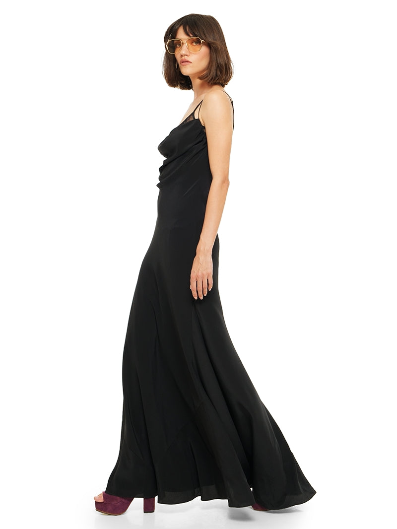 Maz silk crepe maxi dress in black, styled wtih Lounge bra and Betty heels, side view - worn by model