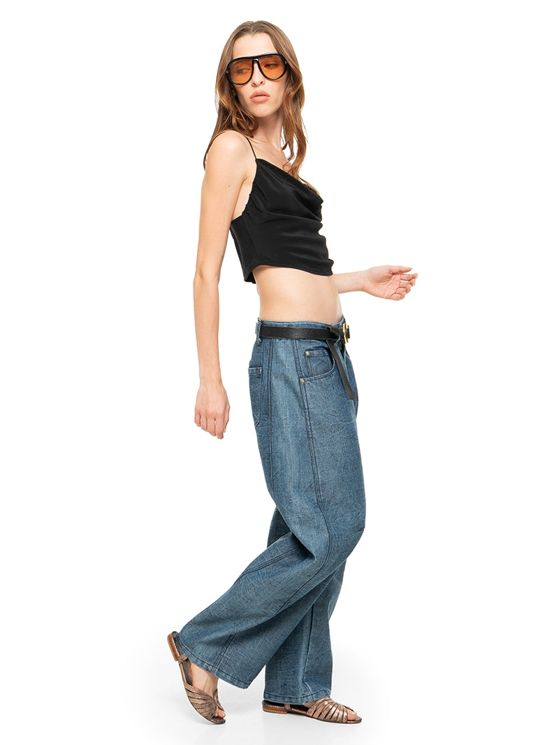 Maz silk crepe mini top in black, quarter side view - worn by model